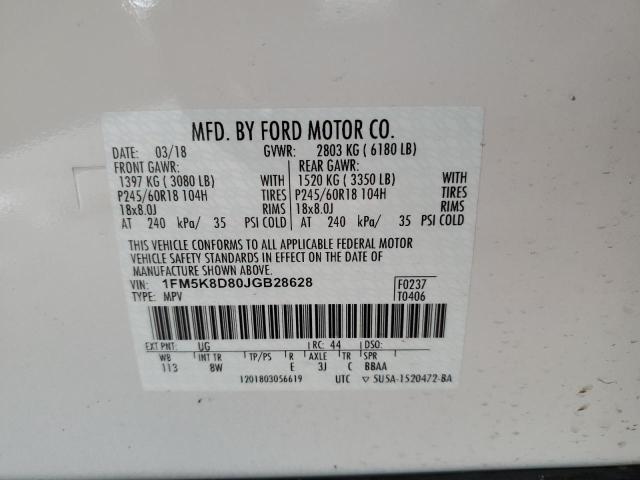 1FM5K8D80JGB28628 - 2018 FORD EXPLORER XLT თეთრი ფოტო 13