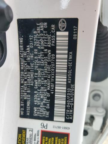4T4BF1FKXCR207709 - 2012 TOYOTA CAMRY BASE WHITE photo 12