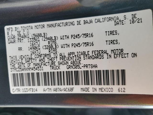 3TMCZ5ANXNM454531 - 2022 TOYOTA TACOMA DOUBLE CAB CHARCOAL photo 13
