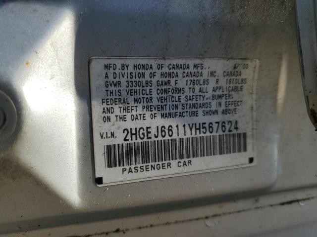 2HGEJ6611YH567624 - 2000 HONDA CIVIC BASE SILVER photo 12