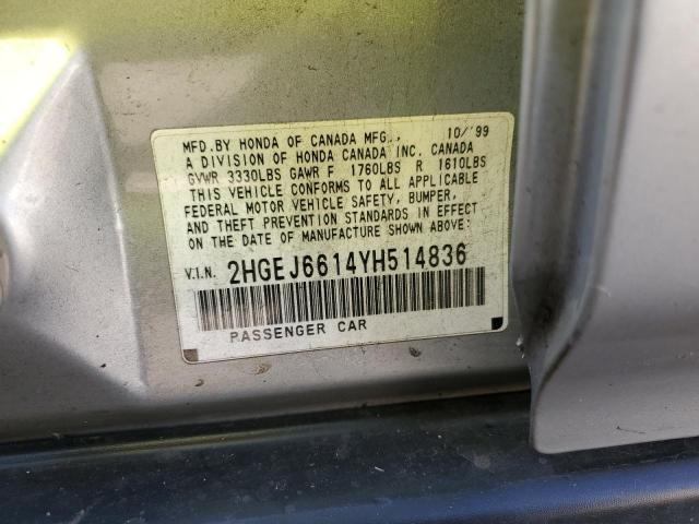 2HGEJ6614YH514836 - 2000 HONDA CIVIC BASE SILVER photo 10