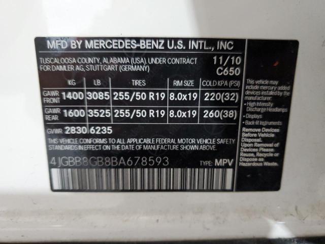 4JGBB8GB8BA678593 - 2011 MERCEDES-BENZ ML 350 4MATIC WHITE photo 13