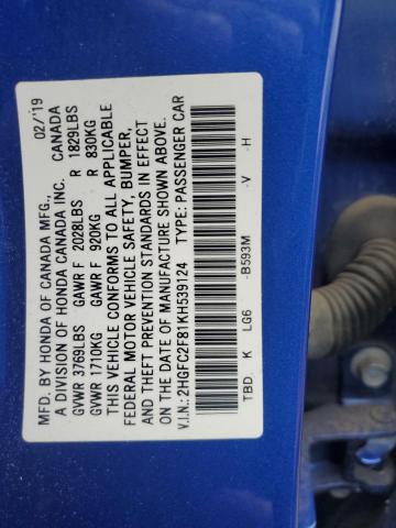 2HGFC2F81KH539124 - 2019 HONDA CIVIC SPORT BLUE photo 12