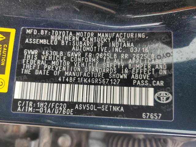 4T4BF1FK4GR567127 - 2016 TOYOTA CAMRY LE BLUE photo 12