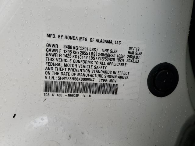 5FNYF8H56KB009547 - 2019 HONDA PASSPORT EXL WHITE photo 14