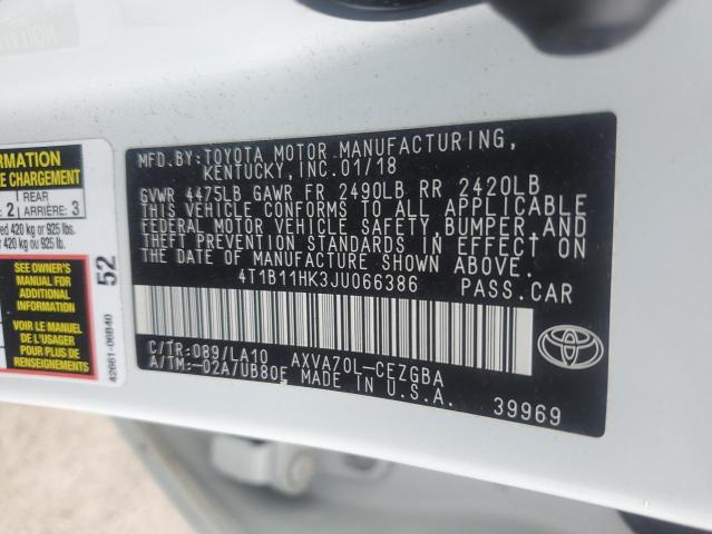 4T1B11HK3JU066386 - 2018 TOYOTA CAMRY L 白色 照片 12
