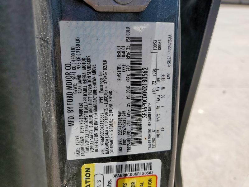 3FA6P0CD0KR180562 - 2019 FORD FUSION SEL Grafito foto 12