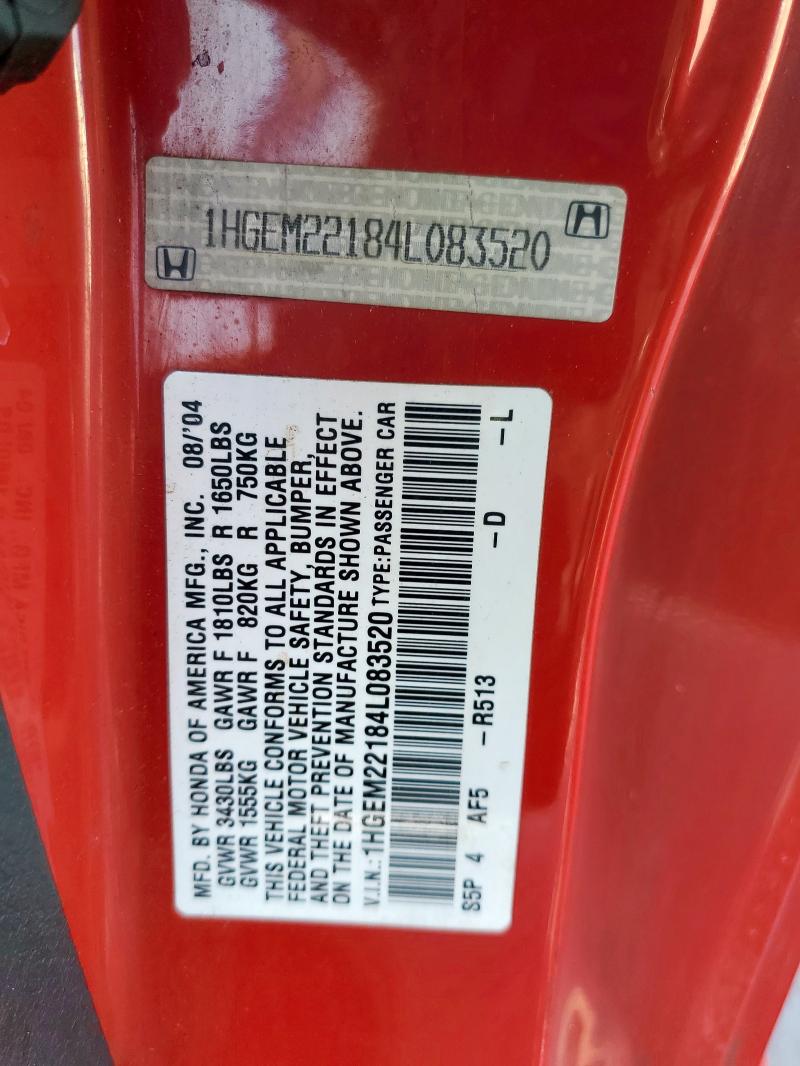 1HGEM22184L083520 - 2004 HONDA CIVIC DX VP Կարմիր լուսանկար 13