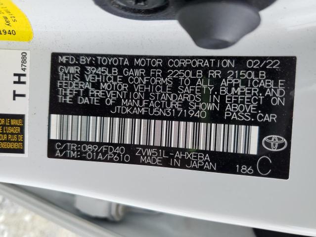 JTDKAMFU5N3171940 - 2022 TOYOTA PRIUS NIGHT SHADE WHITE photo 13