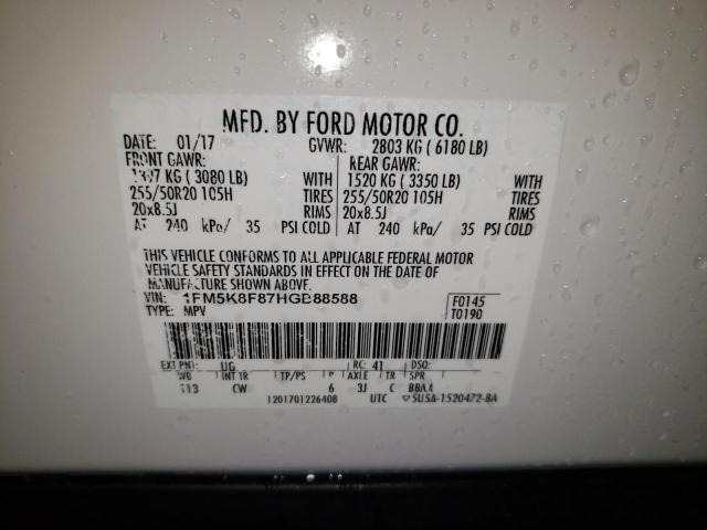 1FM5K8F87HGB88588 - 2017 FORD EXPLORER LIMITED WHITE photo 13