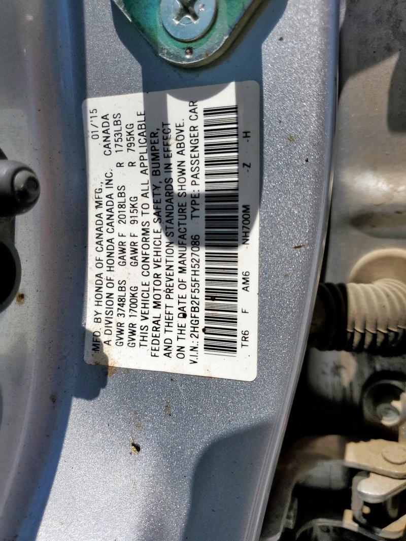 2HGFB2F55FH527086 - 2015 HONDA CIVIC LX ვერცხლისფერი ფოტო 12