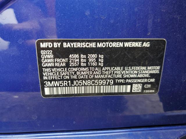 3MW5R1J05N8C59979 - 2022 BMW 330I BLUE photo 12