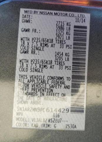 5N1AR2MN9FC614429 - 2015 NISSAN PATHFINDER S 灰色 照片 10