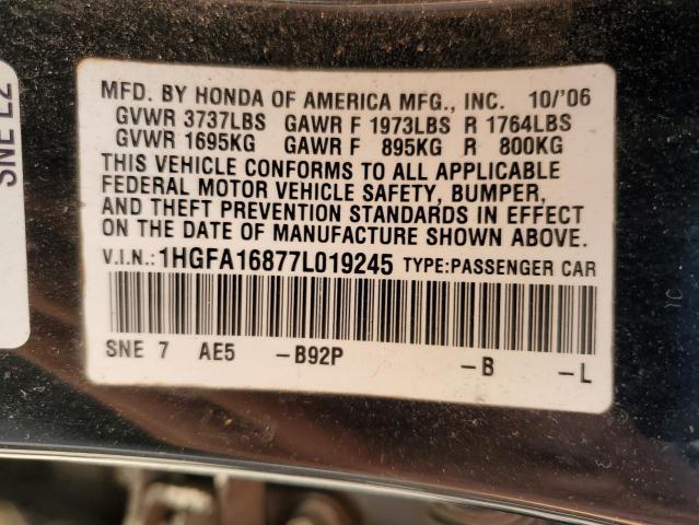 1HGFA16877L019245 - 2007 HONDA CIVIC EX BLACK photo 12