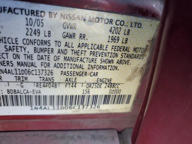 1N4AL11D06C137326 - 2006 NISSAN ALTIMA S RED photo 12