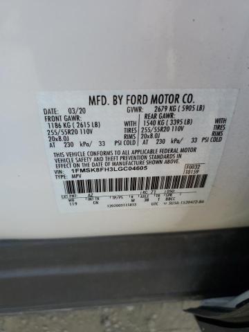 1FMSK8FH3LGC04605 - 2020 FORD EXPLORER LIMITED WHITE photo 12