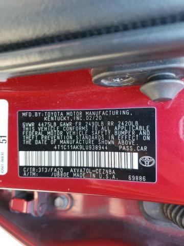 4T1C11AK9LU938944 - 2020 TOYOTA CAMRY LE RED photo 12