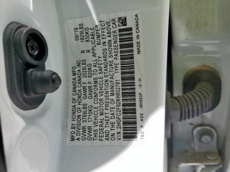 2HGFC2F82KH602781 - 2019 HONDA CIVIC SPORT WHITE photo 13