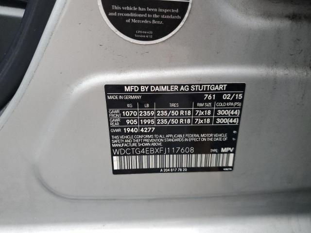 WDCTG4EBXFJ117608 - 2015 MERCEDES-BENZ GLA 250 SILVER photo 13