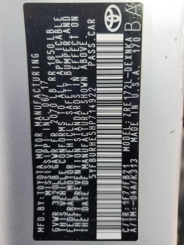 5YFBURHE5HP714922 - 2017 TOYOTA COROLLA L SILVER photo 12