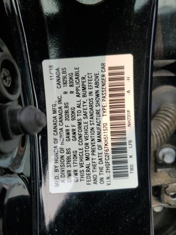 2HGFC2F67KH511570 - 2019 HONDA CIVIC LX Schwarz Foto 12