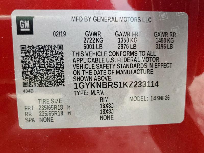 1GYKNBRS1KZ233114 - 2019 CADILLAC XT5 勃艮第红 照片 14