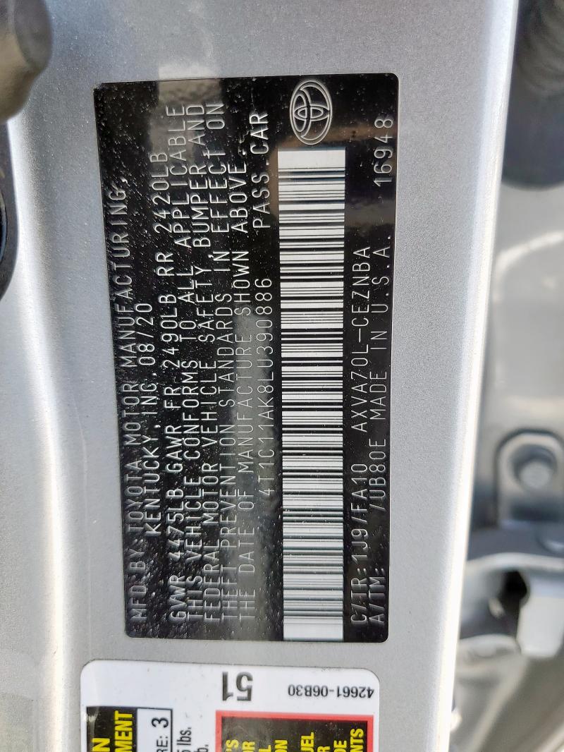 4T1C11AK8LU390886 - 2020 TOYOTA CAMRY LE SILVER photo 12