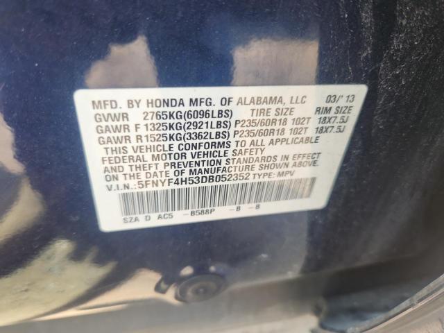 5FNYF4H53DB052352 - 2013 HONDA PILOT EXL Mavi foto 13