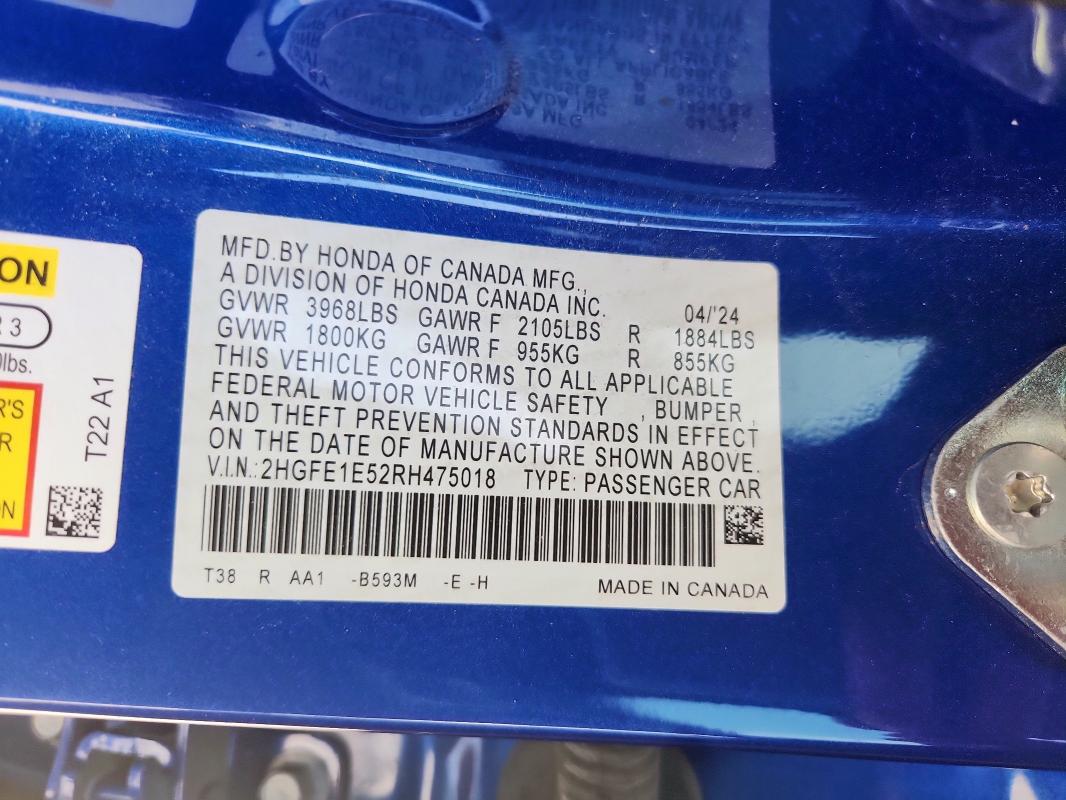 2HGFE1E52RH475018 - 2024 HONDA CIVIC SI BLUE photo 12