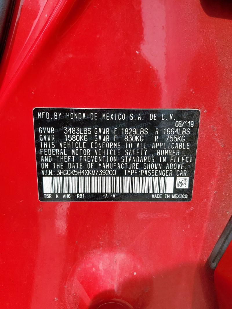 3HGGK5H4XKM739200 - 2019 HONDA FIT LX წითელი ფოტო 12