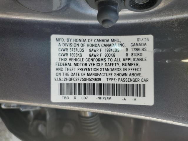 2HGFC2F75GH524639 - 2016 HONDA CIVIC EX GRAY photo 12