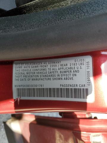 WVWPD63B33E301761 - 2003 VOLKSWAGEN PASSAT GLS MAROON photo 12