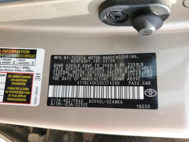 4T1BE46K59U274290 - 2009 TOYOTA CAMRY BASE GOLD photo 12