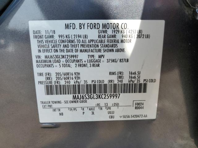 MAJ6S3GL3KC259997 - 2019 FORD ECOSPORT SE GRAY photo 14