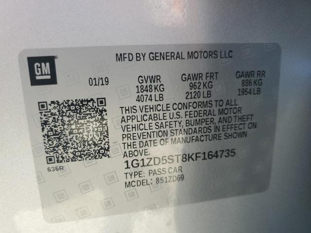 1G1ZD5ST8KF164735 - 2019 CHEVROLET MALIBU LT ვერცხლისფერი ფოტო 12