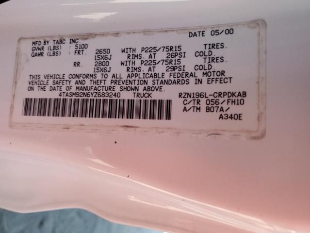 4TASM92N6YZ683240 - 2000 TOYOTA TACOMA XTRACAB PRERUNNER თეთრი ფოტო 12