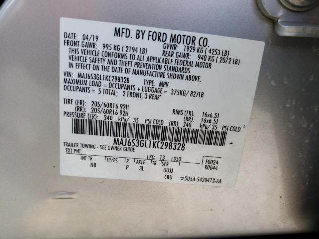 MAJ6S3GL1KC298328 - 2019 FORD ECOSPORT SE SILVER photo 12
