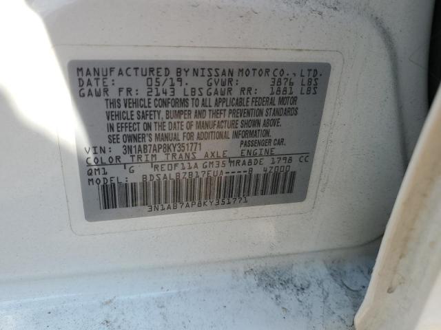 3N1AB7AP8KY351771 - 2019 NISSAN SENTRA S WHITE photo 13