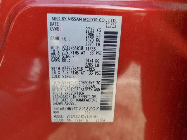 5N1AR2MN5FC722207 - 2015 NISSAN PATHFINDER S წითელი ფოტო 14