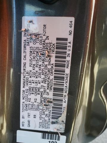 5TETX4CNXAZ727476 - 2010 TOYOTA TACOMA ACCESS CAB ნაცრისფერი ფოტო 12