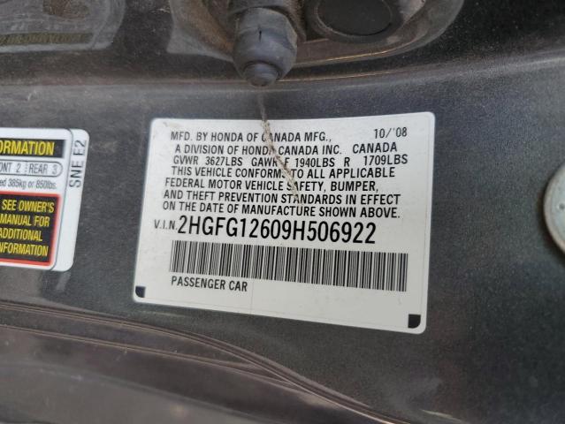 2HGFG12609H506922 - 2009 HONDA CIVIC LX Boz foto 12