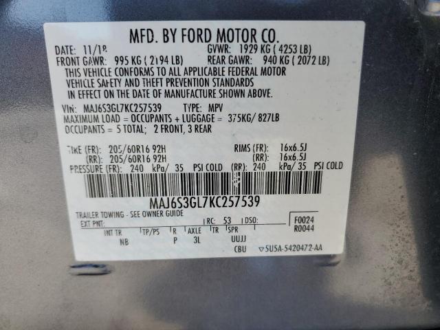 MAJ6S3GL7KC257539 - 2019 FORD ECOSPORT SE Noir photo 10