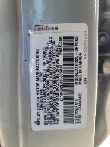 2T1KR32E33C075813 - 2003 TOYOTA COROLLA MA XR SILVER photo 12