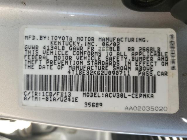 4T1BE32K62U090711 - 2002 TOYOTA CAMRY LE SILVER photo 12