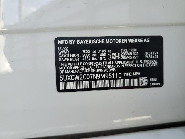 5UXCW2C07N9M95110 - 2022 BMW X7 XDRIVE40I WHITE photo 13