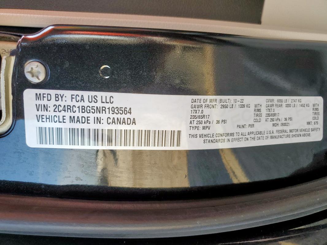 2C4RC1BG5NR193564 - 2022 CHRYSLER PACIFICA TOURING L BLACK photo 14