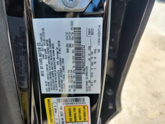 3FA6P0HD2LR232252 - 2020 FORD FUSION SE შავი ფოტო 12