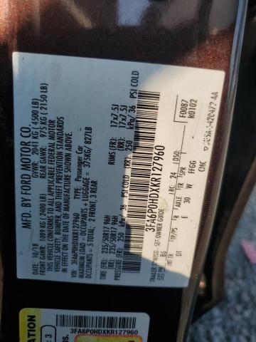 3FA6P0HDXKR127960 - 2019 FORD FUSION SE MAROON photo 12