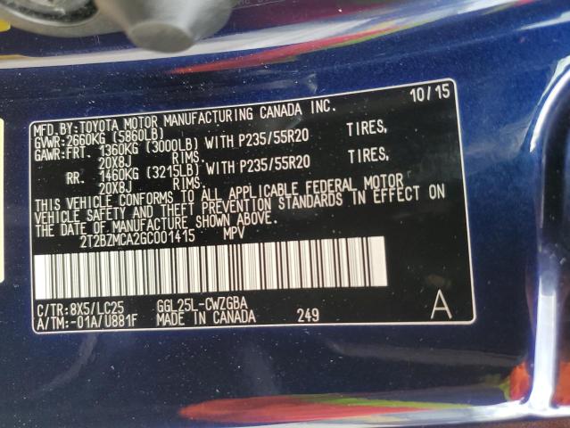 2T2BZMCA2GC001415 - 2016 LEXUS RX 350 BASE 蓝色 照片 13