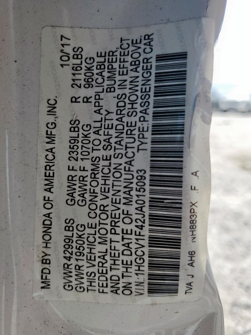 1HGCV1F42JA015093 - 2018 HONDA ACCORD EX Ақ фото 14